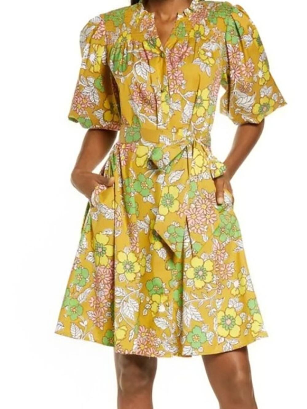 Tory Burch Wallpaper Floral Smocked Swing Dress Puff Sleeve Ruffle Collar Size M